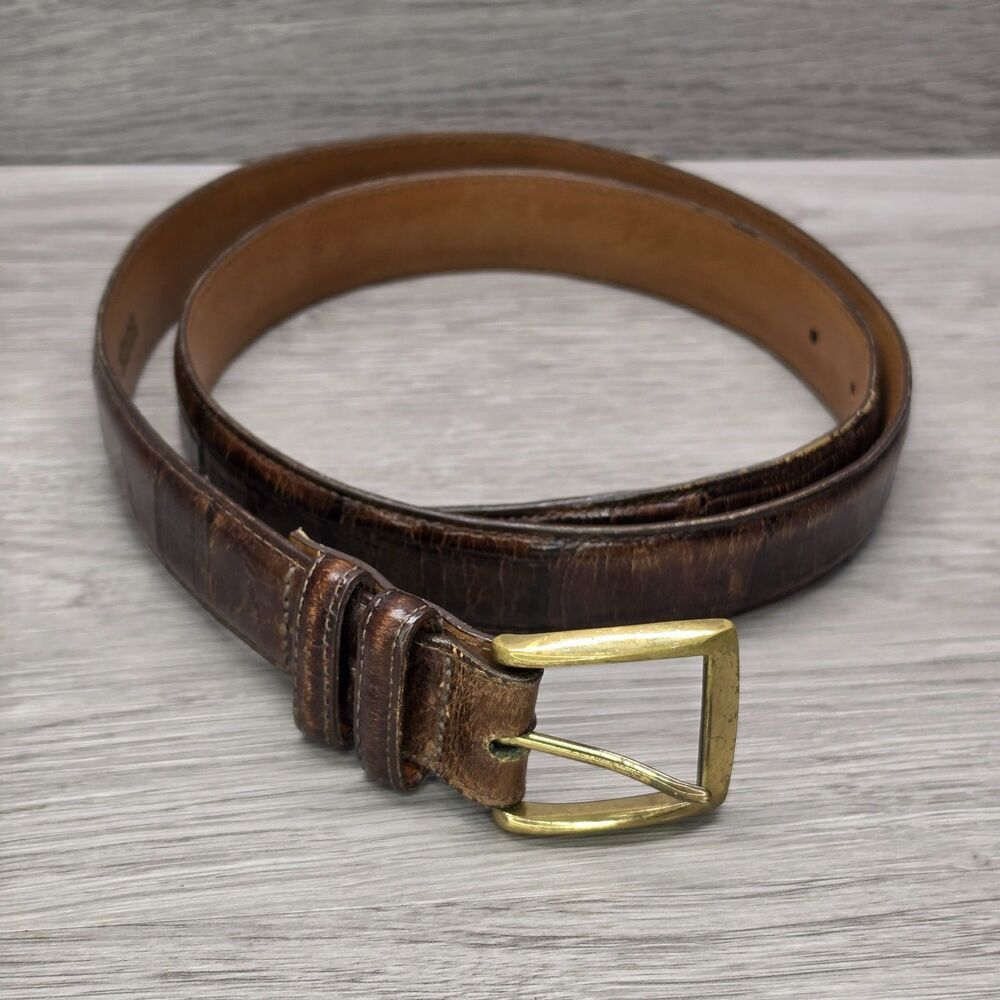 Brighton Mens Brown Leather Belt Crocodile Alligator Embossed Brass Buckle 38